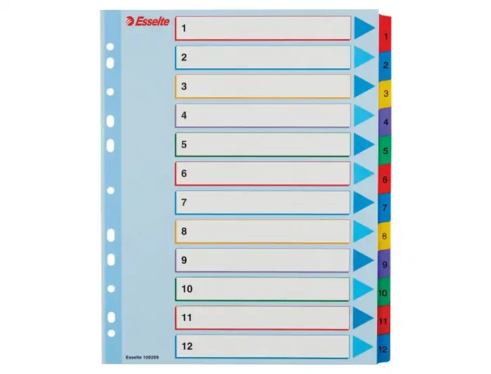 Esselte Índice de Cartulina Mylar Borrable Numérico A4+ Pestañas 1-12
