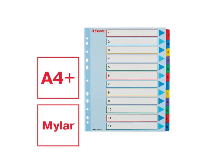Esselte Índice de Cartulina Mylar Borrable Numérico A4+ Pestañas 1-12