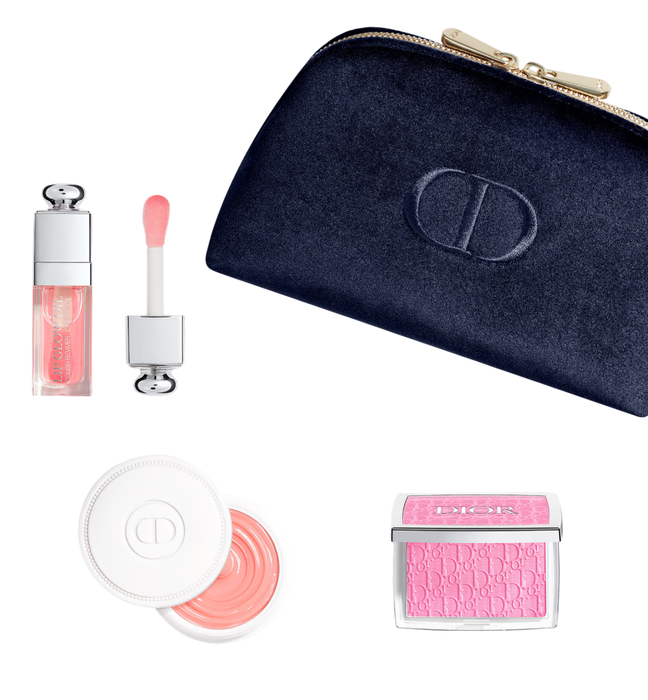 Natural Glow Ritual Set Christian Dior: Backstage Rosy Glow, Blush Compact Powder, 001, Pink, 4.6 g + Addict, Glossy, Lip Oil, 001, Pink, 6 ml + Abricot, Fortifying, Nail Cream Treatment, 8 g + Textile Makeup Bag, Blue