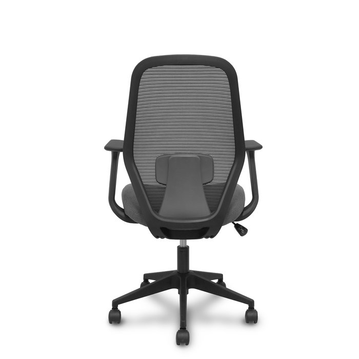 Silla de oficina Ergo529 con mecanismo Basculante tapizada con Tela color Gris y malla color Negro. Equipada con lumbar 1D, Brazos fijos y Ruedas de nailon 50 mm