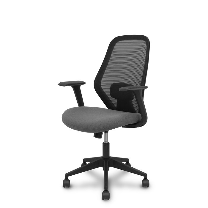 Silla de oficina Ergo529 con mecanismo Basculante tapizada con Tela color Gris y malla color Negro. Equipada con lumbar 1D, Brazos fijos y Ruedas de nailon 50 mm