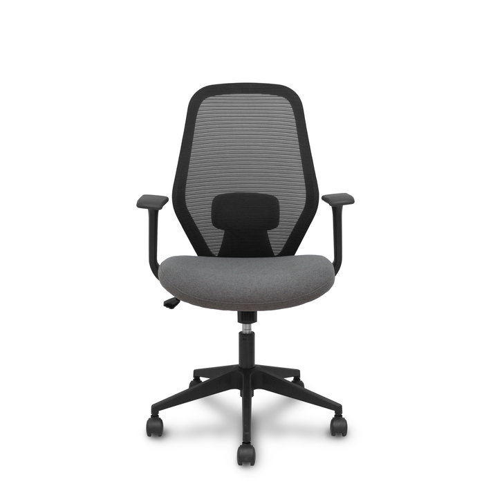 Silla de oficina Ergo529 con mecanismo Basculante tapizada con Tela color Gris y malla color Negro. Equipada con lumbar 1D, Brazos fijos y Ruedas de nailon 50 mm