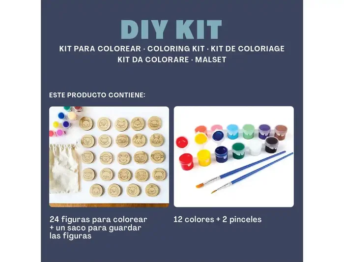Wondee Kit para Colorear Figuras de Madera Sostenible con 12 Colores Vibrantes, Pinceles y Figuras Originales para Niños