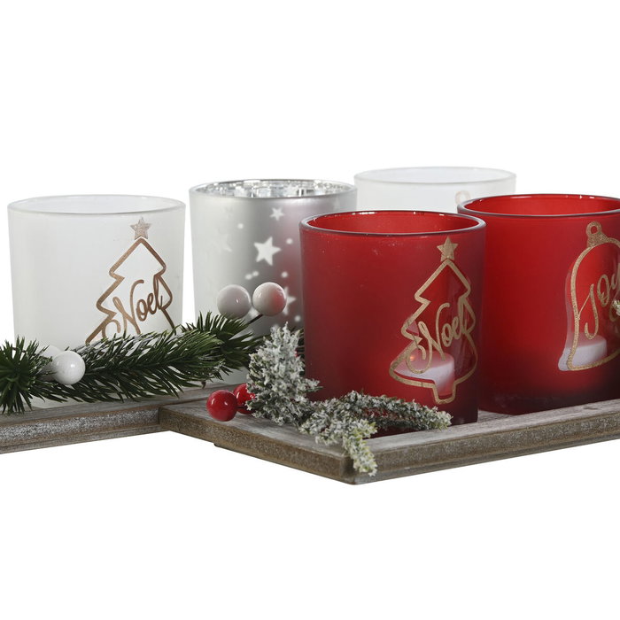 DKD Home Decor Set de 5 Portavelas LED de Cristal Rojo y Blanco