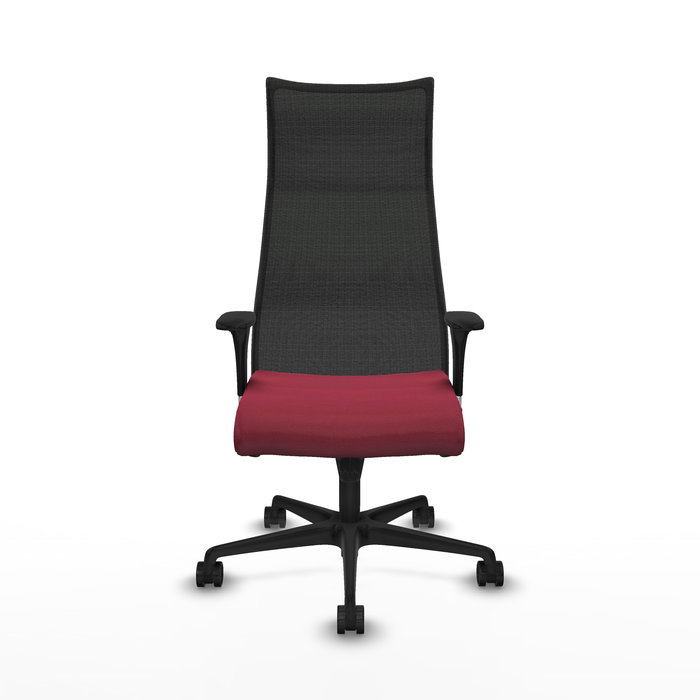 Sillón Albacete con mecanismo Sincro tapizada con Tela color Granate y malla color Negro. Equipado con Base nailon negra, Brazos 1D y Ruedas 65mm nailon