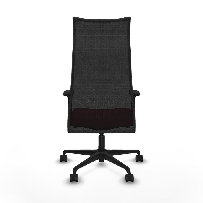 Sillón Albacete con mecanismo Sincro tapizada con Tela color Granate y malla color Negro. Equipado con Base nailon negra, Brazos 1D y Ruedas 65mm nailon