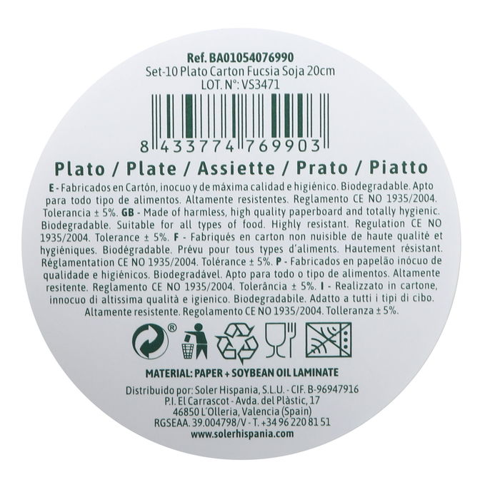 Algon Set 10 Platos Cartón Fucsia Soja 21 cm (24 Unidades)