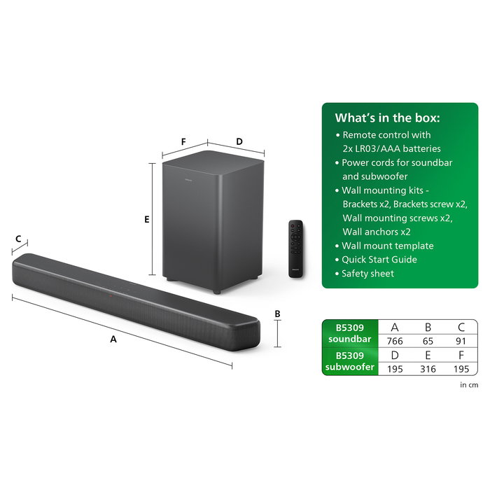 Philips TAB5309/10 Soundbar 2.1 con Subwoofer Inalámbrico, 120W, Dolby Digital/DTS, Bluetooth 5.3, HDMI ARC, Modos Ecualizador, para TV/Cine/Música - Negro