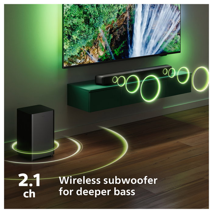 Philips TAB5309/10 Soundbar 2.1 con Subwoofer Inalámbrico, 120W, Dolby Digital/DTS, Bluetooth 5.3, HDMI ARC, Modos Ecualizador, para TV/Cine/Música - Negro