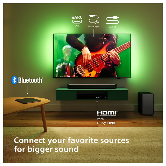 Philips TAB5309/10 Soundbar 2.1 con Subwoofer Inalámbrico, 120W, Dolby Digital/DTS, Bluetooth 5.3, HDMI ARC, Modos Ecualizador, para TV/Cine/Música - Negro