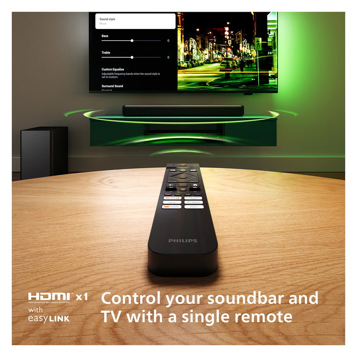 Philips TAB5309/10 Soundbar 2.1 con Subwoofer Inalámbrico, 120W, Dolby Digital/DTS, Bluetooth 5.3, HDMI ARC, Modos Ecualizador, para TV/Cine/Música - Negro