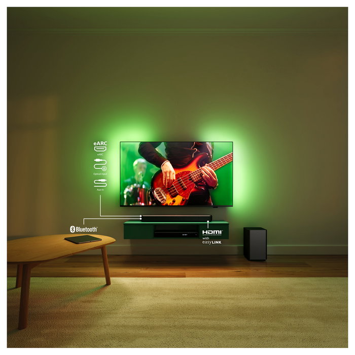 Philips TAB5309/10 Soundbar 2.1 con Subwoofer Inalámbrico, 120W, Dolby Digital/DTS, Bluetooth 5.3, HDMI ARC, Modos Ecualizador, para TV/Cine/Música - Negro