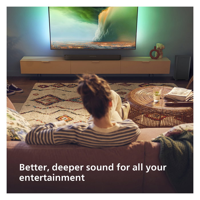 Philips TAB5309/10 Soundbar 2.1 con Subwoofer Inalámbrico, 120W, Dolby Digital/DTS, Bluetooth 5.3, HDMI ARC, Modos Ecualizador, para TV/Cine/Música - Negro
