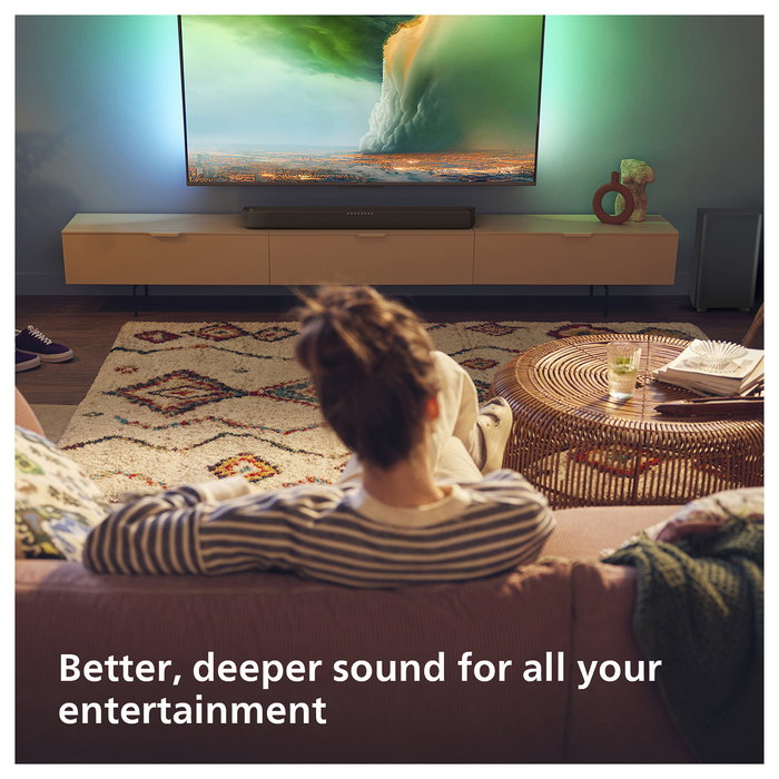 Philips TAB5309/10 Soundbar 2.1 con Subwoofer Inalámbrico, 120W, Dolby Digital/DTS, Bluetooth 5.3, HDMI ARC, Modos Ecualizador, para TV/Cine/Música - Negro