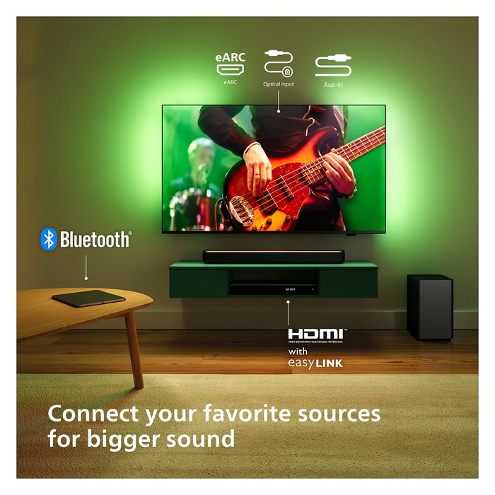 Philips TAB5309/10 Soundbar 2.1 con Subwoofer Inalámbrico, 120W, Dolby Digital/DTS, Bluetooth 5.3, HDMI ARC, Modos Ecualizador, para TV/Cine/Música - Negro