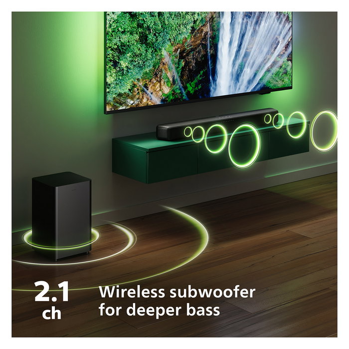 Philips TAB5309/10 Soundbar 2.1 con Subwoofer Inalámbrico, 120W, Dolby Digital/DTS, Bluetooth 5.3, HDMI ARC, Modos Ecualizador, para TV/Cine/Música - Negro