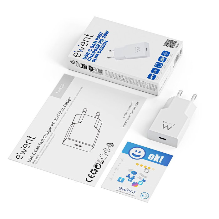 Ewent EW1310 Cargador Rápido USB-C 20W Blanco GaN