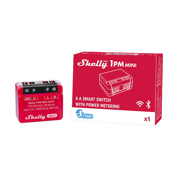 Shelly 1PM Mini Gen. 3 - Relé Inteligente WLAN/BT, 1 Canal, Montaje Empotrado, 8A/2000W, Compatible con Alexa y Google Assistant, Blanco