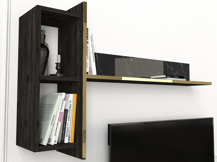 Hanah Home Veyron Set 2 Muebles de Salón de Tablero de Partículas Melamina Negro y Dorado Mesa TV Consola