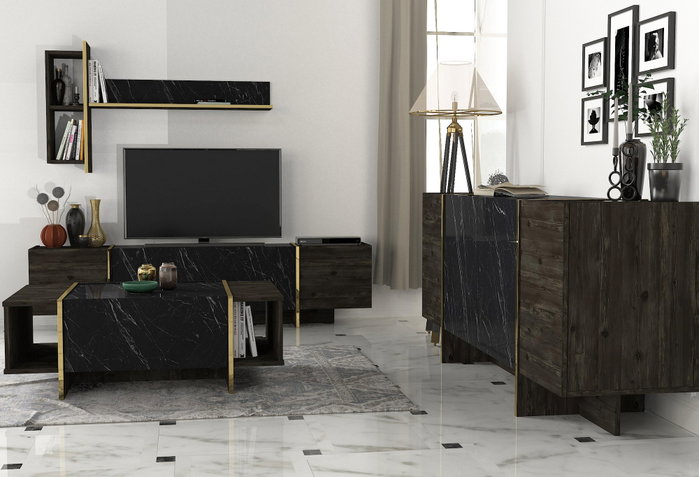 Hanah Home Veyron Set 2 Muebles de Salón de Tablero de Partículas Melamina Negro y Dorado Mesa TV Consola