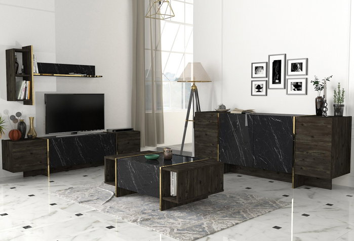 Hanah Home Veyron Set 2 Muebles de Salón de Tablero de Partículas Melamina Negro y Dorado Mesa TV Consola