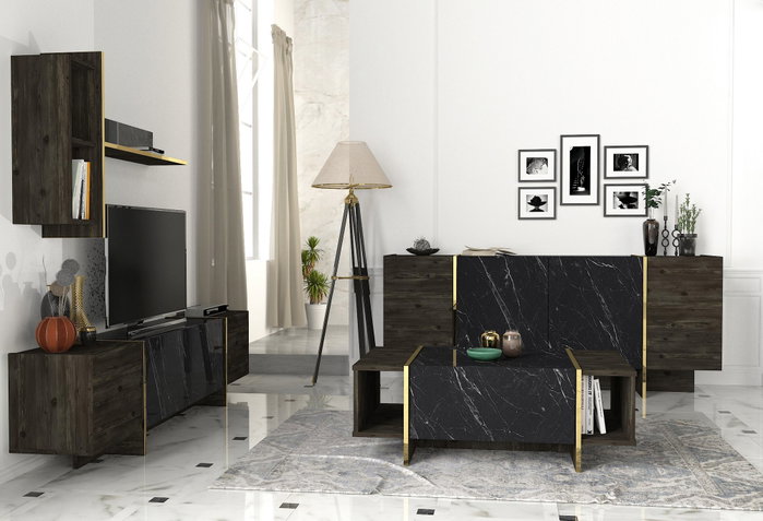 Hanah Home Veyron Set 2 Muebles de Salón de Tablero de Partículas Melamina Negro y Dorado Mesa TV Consola