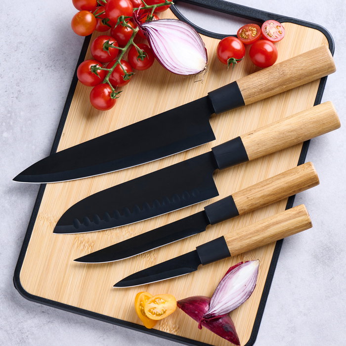 Day Juego de 4 Cuchillos de Cocina Profesionales Japoneses, Acero Inoxidable con Mango de Bambú - Juego de Cuchillos Chef, Cocina, Multiusos y Verduras
