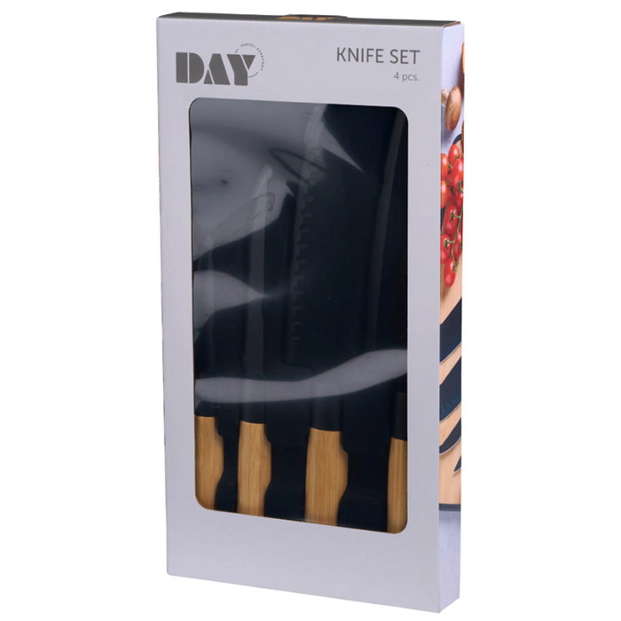Day Juego de 4 Cuchillos de Cocina Profesionales Japoneses, Acero Inoxidable con Mango de Bambú - Juego de Cuchillos Chef, Cocina, Multiusos y Verduras