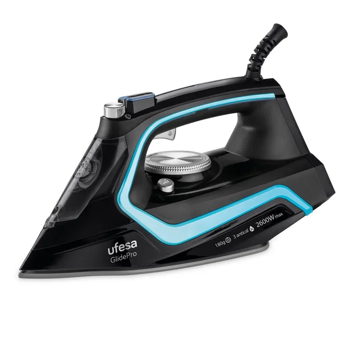 Ufesa PV2600 GlidePro Plancha de Vapor-Seco con Suela Cerámica 2600W, Vapor Continuo 35 g/min y Golpe de 180g, Función Autolimpieza y Vapor Vertical, Negro