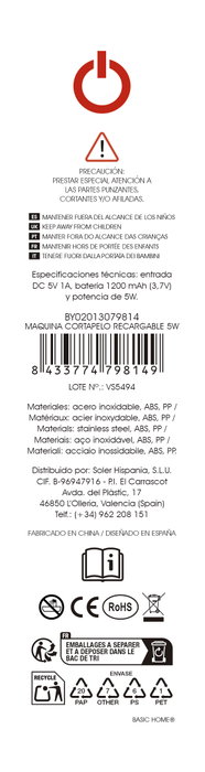 Basic Home Máquina Cortapelo Recargable 5W Inde Basic Home Máquina Cortapelo Recargable 5W Inde
