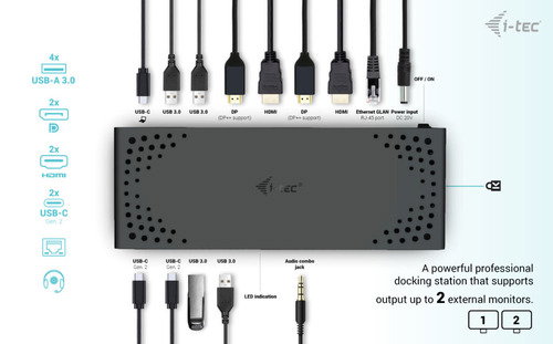 I-Tec Docking Station USB-C Thunderbolt 3 Dual Display PD 100W 10Gbit/s Ethernet USB 3.1 Hub con 4x USB-A, 2x USB-C, 2x HDMI, 2x DP para Windows Mac Linux Negro
