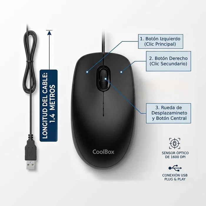 COOLBOX Ratón Óptico U01 Negro 1600 DPI USB