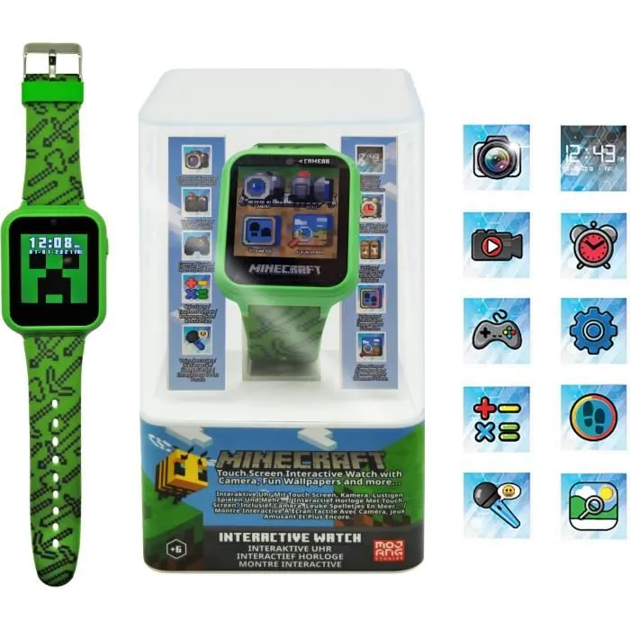 KIDS LICENSING Reloj inteligente oficial Minecraft con cámara selfie, grabadora de voz, alarma, cronómetro y calculadora para niños +3 años 12x8x8cm KIDS LICENSING Reloj inteligente oficial Minecraft con cámara selfie, grabadora de voz, alarma, cronómetro y calculadora para niños +3 años 12x8x8cm