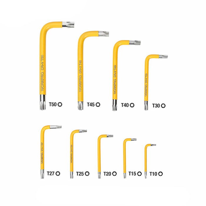 Workpro Juego de 9 Llaves Torx de Seguridad T10-T50 Acero Cromo-Vanadio Amarillas