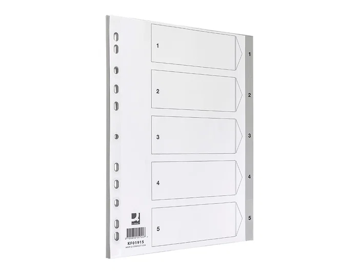 Q-connect Separador Numérico 1-5 Plástico Din A4 Multitaladro Juego de 5 Separadores PVC Gris con Cartula Índice 120 Micras Q-connect Separador Numérico 1-5 Plástico Din A4 Multitaladro Juego de 5 Separadores PVC Gris con Cartula Índice 120 Micras