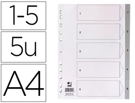 Q-connect Separador Numérico 1-5 Plástico Din A4 Multitaladro Juego de 5 Separadores PVC Gris con Cartula Índice 120 Micras