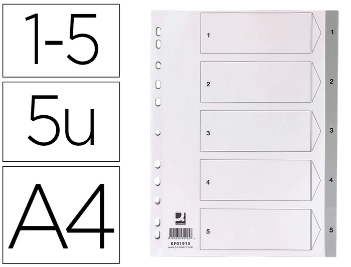 Q-connect Separador Numérico 1-5 Plástico Din A4 Multitaladro Juego de 5 Separadores PVC Gris con Cartula Índice 120 Micras Q-connect Separador Numérico 1-5 Plástico Din A4 Multitaladro Juego de 5 Separadores PVC Gris con Cartula Índice 120 Micras