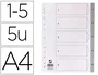 Q-connect Separador Numérico 1-5 Plástico Din A4 Multitaladro Juego de 5 Separadores PVC Gris con Cartula Índice 120 Micras