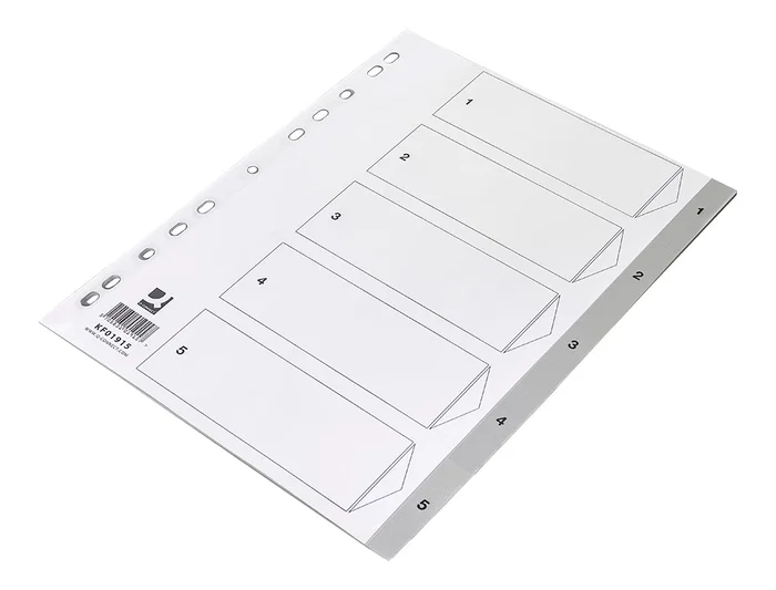 Q-connect Separador Numérico 1-5 Plástico Din A4 Multitaladro Juego de 5 Separadores PVC Gris con Cartula Índice 120 Micras Q-connect Separador Numérico 1-5 Plástico Din A4 Multitaladro Juego de 5 Separadores PVC Gris con Cartula Índice 120 Micras