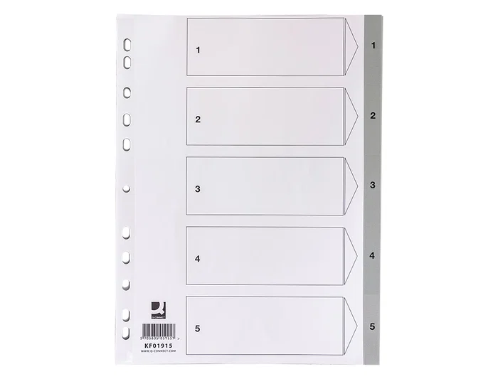 Q-connect Separador Numérico 1-5 Plástico Din A4 Multitaladro Juego de 5 Separadores PVC Gris con Cartula Índice 120 Micras Q-connect Separador Numérico 1-5 Plástico Din A4 Multitaladro Juego de 5 Separadores PVC Gris con Cartula Índice 120 Micras
