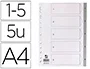 Q-connect Separador Numérico 1-5 Plástico Din A4 Multitaladro Juego de 5 Separadores PVC Gris con Cartula Índice 120 Micras