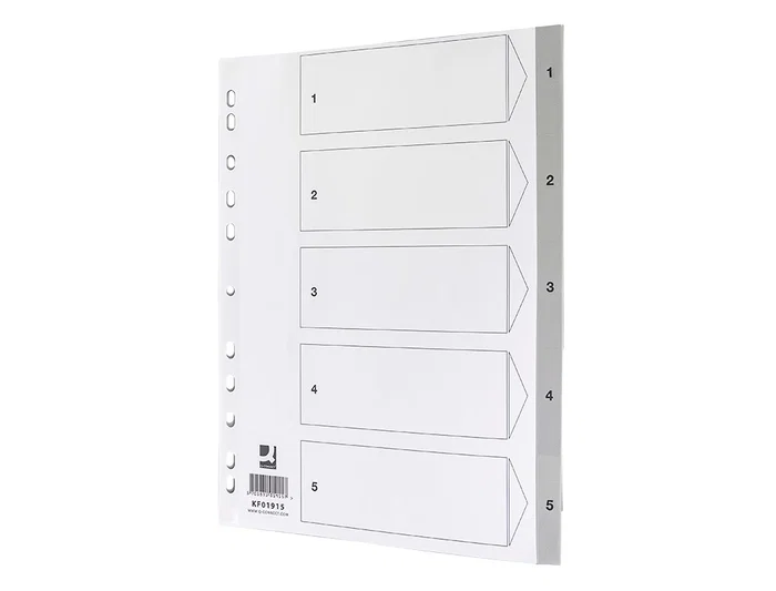 Q-connect Separador Numérico 1-5 Plástico Din A4 Multitaladro Juego de 5 Separadores PVC Gris con Cartula Índice 120 Micras Q-connect Separador Numérico 1-5 Plástico Din A4 Multitaladro Juego de 5 Separadores PVC Gris con Cartula Índice 120 Micras