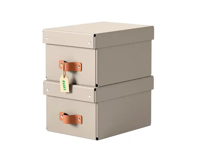 Leitz Caja Almacenaje Cartón Pequeña Asa Piel Beige 7L Pack 2 Unidades