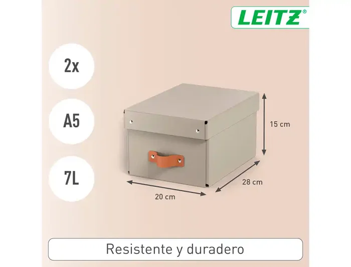 Leitz Caja Almacenaje Cartón Pequeña Asa Piel Beige 7L Pack 2 Unidades