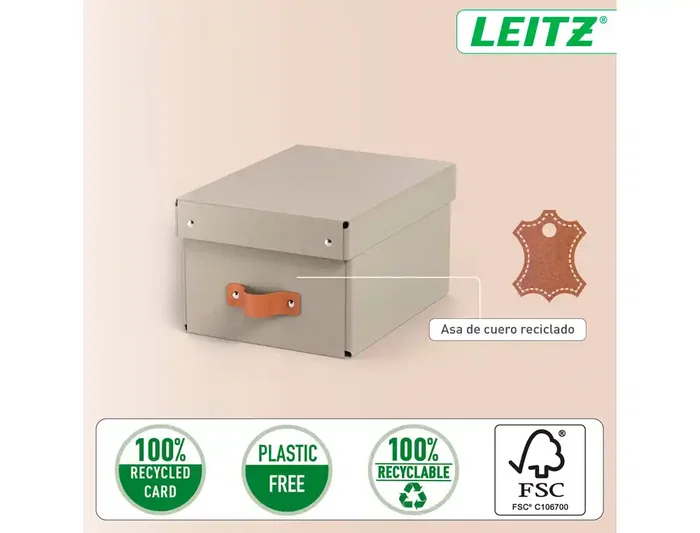Leitz Caja Almacenaje Cartón Pequeña Asa Piel Beige 7L Pack 2 Unidades