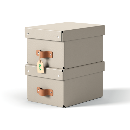 Leitz Pack de 2 cajas de almacenaje de cartón pequeñas con asa de piel, beige Leitz Pack de 2 cajas de almacenaje de cartón pequeñas con asa de piel, beige