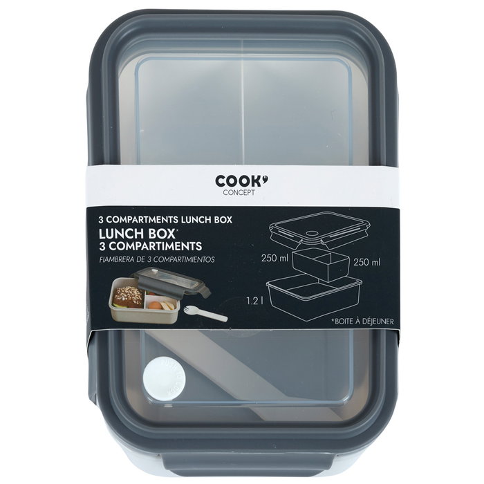 Cook Concept Fiambrera Take Away 3 Compartimentos 1.2L Bicolor con Válvula y Tenedor 2 en 1, Gris/Azul Verdoso, 21x15x7.5 cm Cook Concept Fiambrera Take Away 3 Compartimentos 1.2L Bicolor con Válvula y Tenedor 2 en 1, Gris/Azul Verdoso, 21x15x7.5 cm