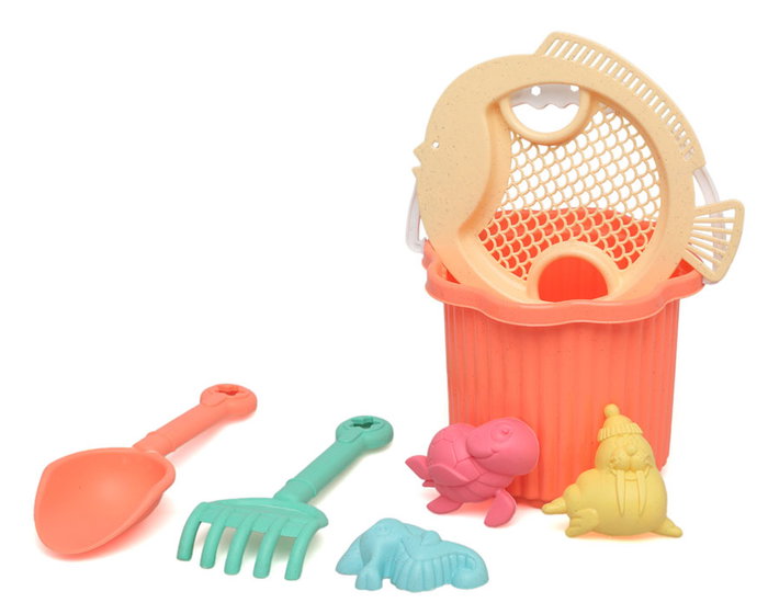 KioKids Set de Cubo de Playa Coral con 7 Piezas para Bebés, Incluye Cubo, Pala, Rastrillo, Tamiz y Moldes de Arena con Formas Marinas