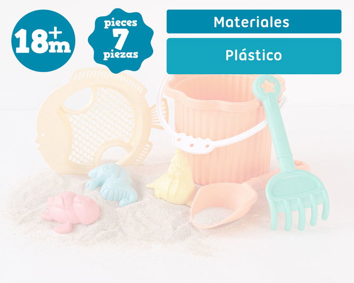 KioKids Set de Cubo de Playa Coral con 7 Piezas para Bebés, Incluye Cubo, Pala, Rastrillo, Tamiz y Moldes de Arena con Formas Marinas