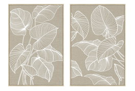DKD Home Decor Cuadro Lienzo Hojas 3D Set de 2 unidades Beige y Blanco